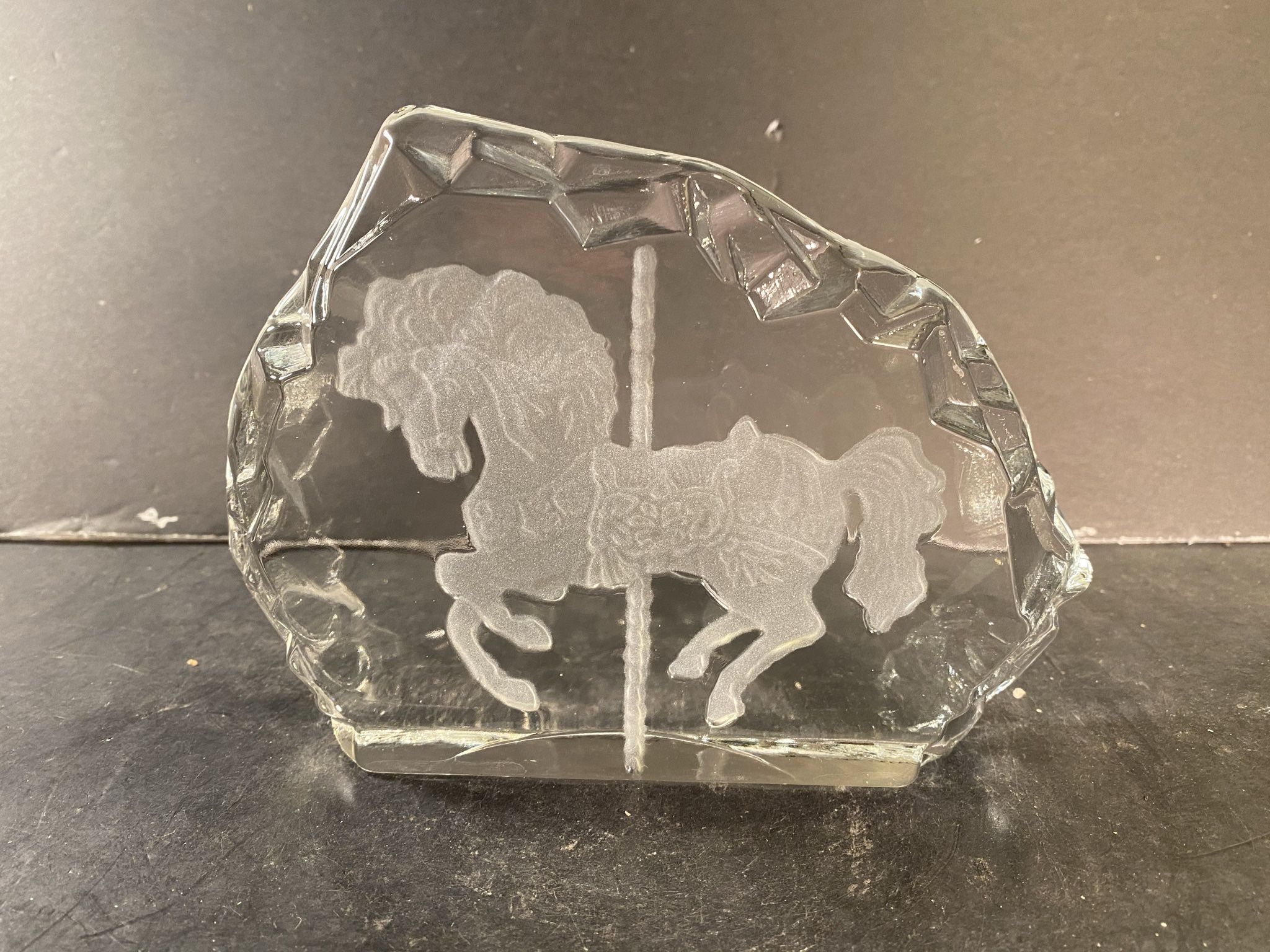 Vintage Glass 3D Etched Carrousel-Horse Paperweight/Bookend (Length: 7”)