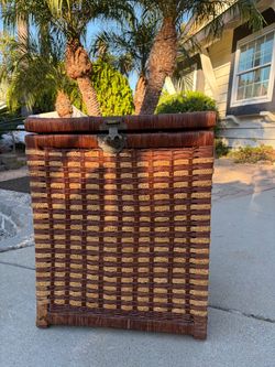 Vintage Woven Rattan & Seagrass Lidded Laundry Hamper with Brass Hardware