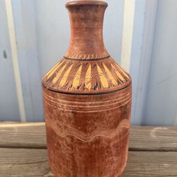 Old Hand-Decorated Earthenware Bottle Vase – Primitive Folk Art Ceramic