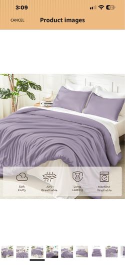 Litanika Comforter Full Size, 3 Pieces Lightweight Solid Bed Set Grayish Purple Soft Fluffy Down Alternative All Season Quilt Blanket