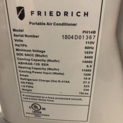 Friedrich Dual Hose Portable AC dehumidifier heater and fan unit 14000 BTU