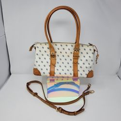 VINTAGE Dooney and Bourke White Canvas Navy Monogram Satchel w/ Custom Strap EUC