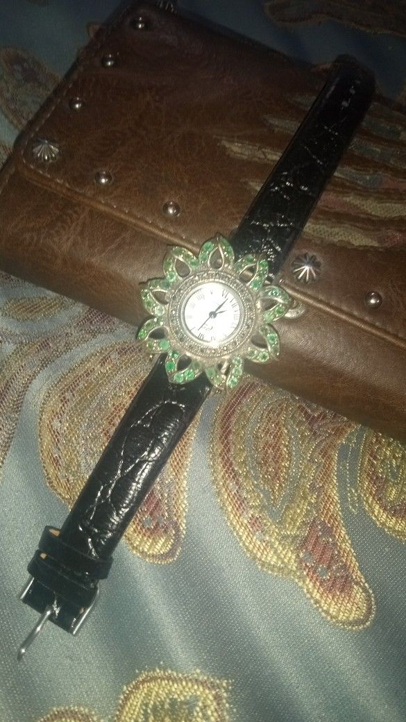 Vintage Flower Shaped Watch W Green Stones(Emeralds And Others