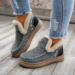 Women's Cozy Fleece-Lined Slip-On Ankle Boots - Casual Solid Color, Thick Sole, Rubber Sole for All Seasons（grey, size 6）