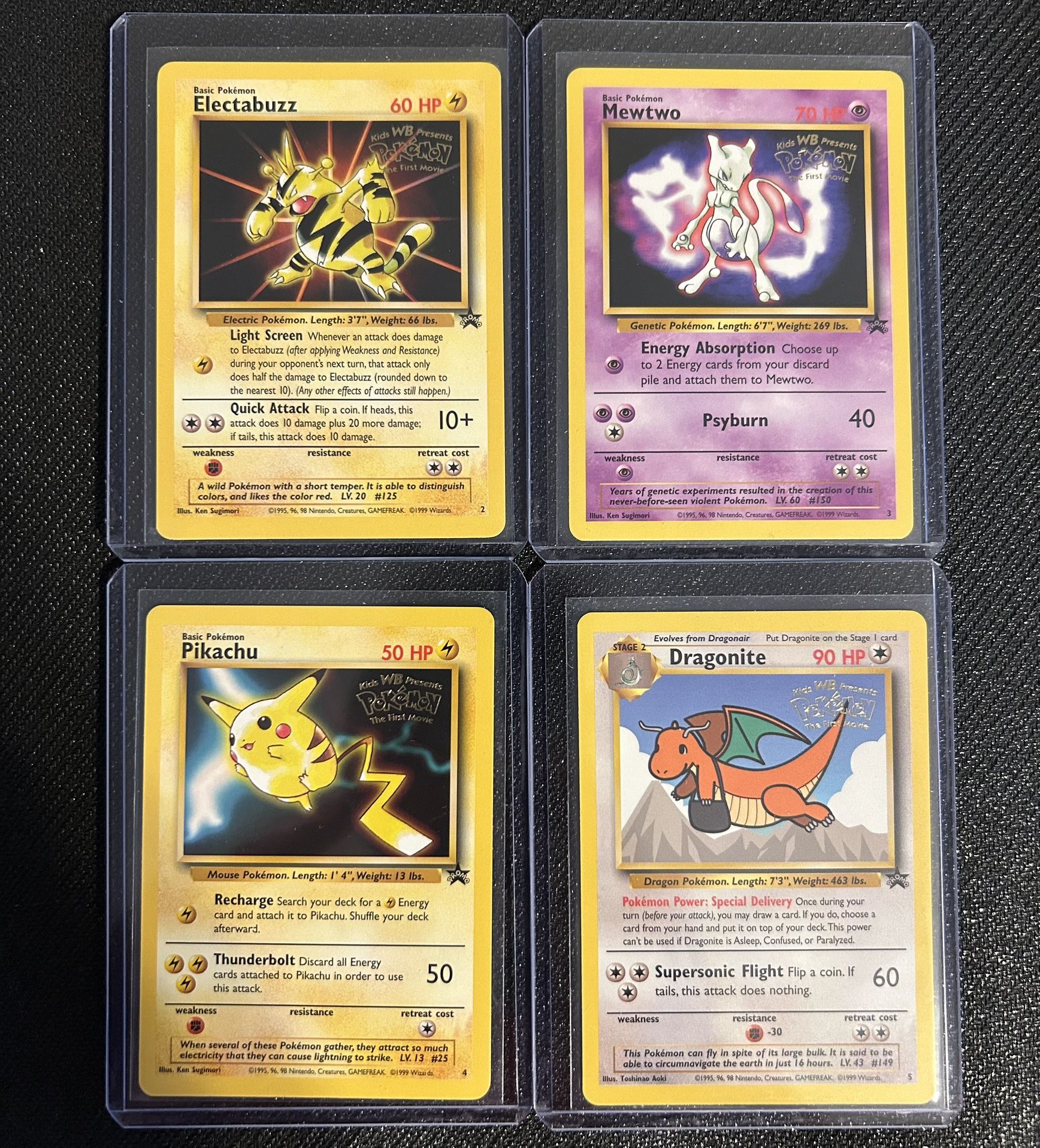 Vintage Pokemon: The First Movie Promo Cards Lot (NM): Electabuzz, Mewtwo, Pikachu, & Dragonite