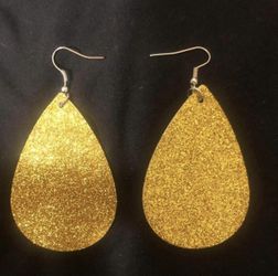 NEW Gold Glitter Faux Leather Tear Drop-Shaped Dangle Earrings 