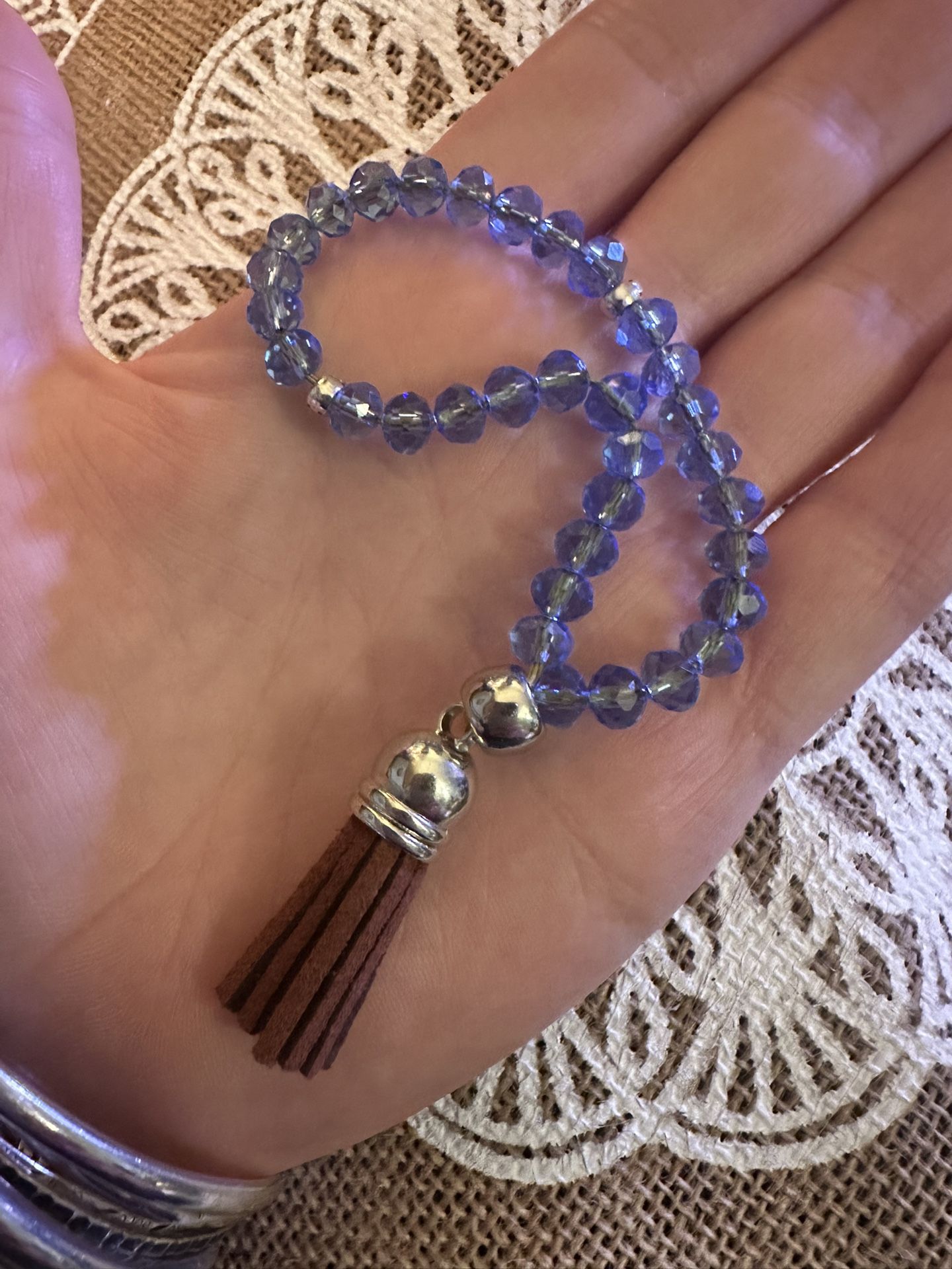 Mini Pocket 33 Faceted Glass Bead Islamic Prayer Beads Mesbiha Silver & Blue With Brown Tassel