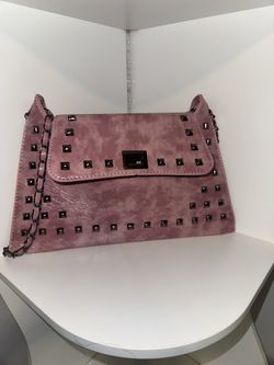 Pink Studded Chain Shoulder Bag Turn Lock for Women Medium Rectangle