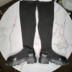CUCCOO Women Fashion Minimalist Thick Sole Knit Slip On Black Over The Knee Boots