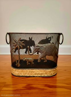 MCM wastebasket metal mesh body decorated Elephants Palm Trees 11"×13"