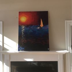 Acrylic Painting Of Sunset & Sailboat by artist Steven Dion.