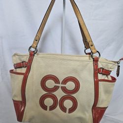 Coach Natalie Tote in off-white canvas with red leather accent