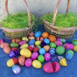 Two Easter Baskets/grass/plastic eggs