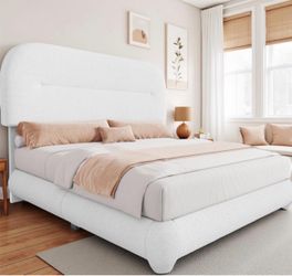 Queen Size Boucle Bed Frame Upholstered Platform Bed Frame with Headboard, Modern Style, Soft Rounded Corners with Thickened Footboard