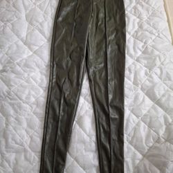 PrettyLittleThing olive green faux leather leggings