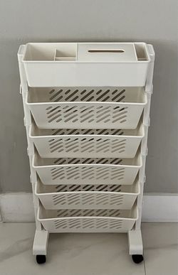 Plastic Movable Bookcase With 360° Smooth Wheels Rolling Floor Shelf Book Stand Trolley, White