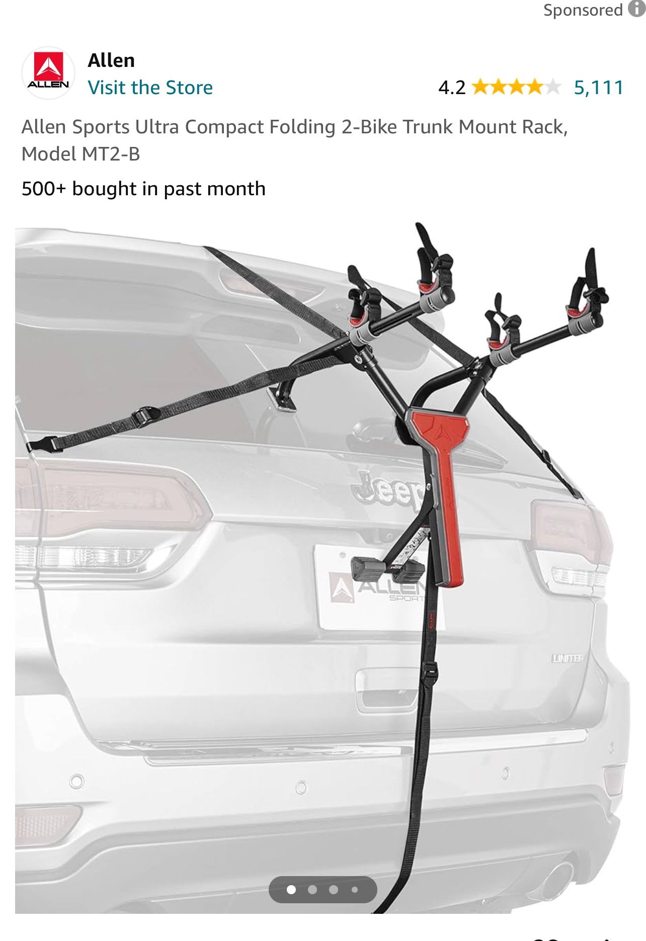 Allen Sports Ultra Compact Folding 2-Bike Trunk Mount Rack, Model MT2-B