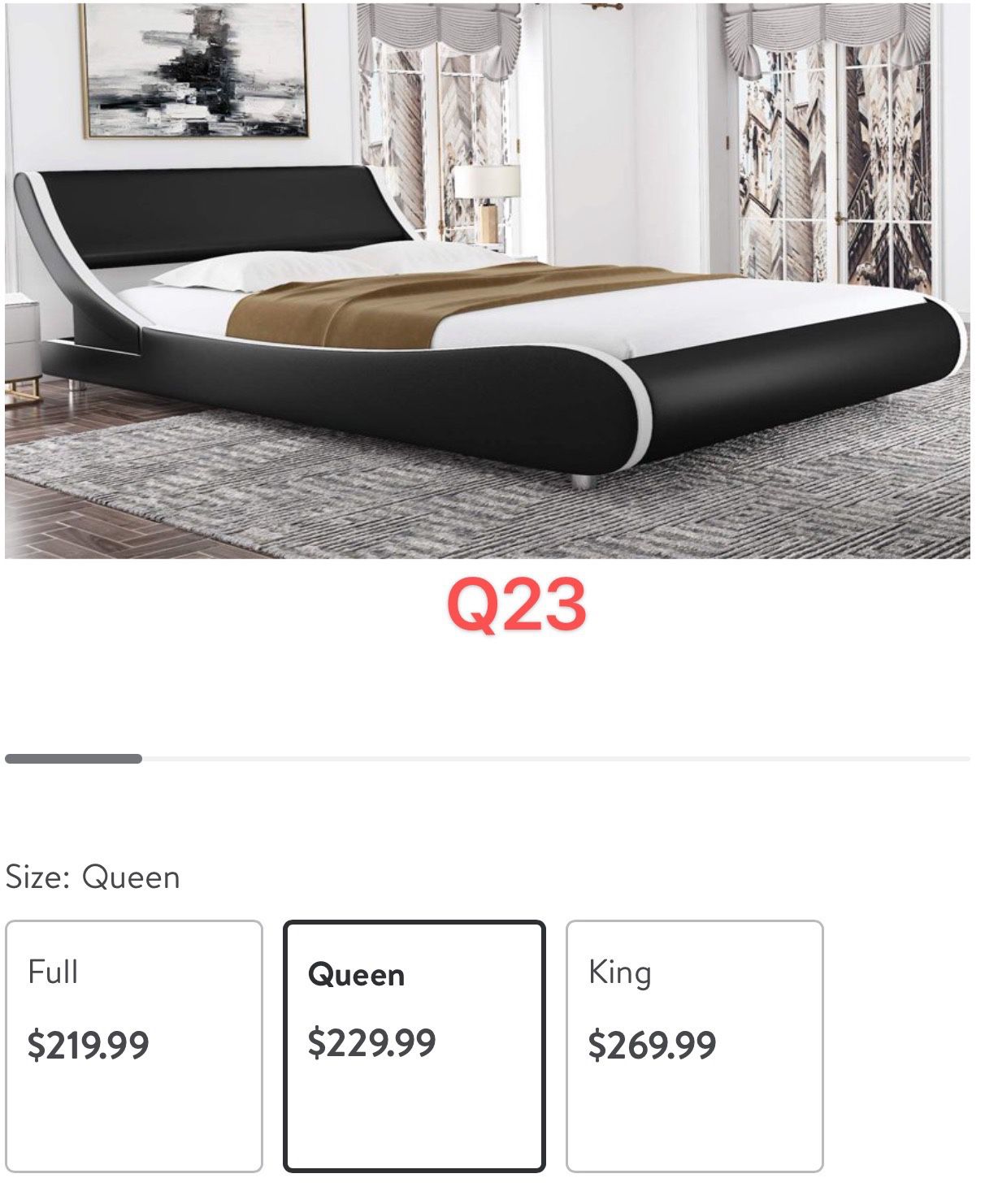 Q23 Queen Size Modern Platform Bed Frame with Adjustable Headboard, Faux Leather, Black with White Border