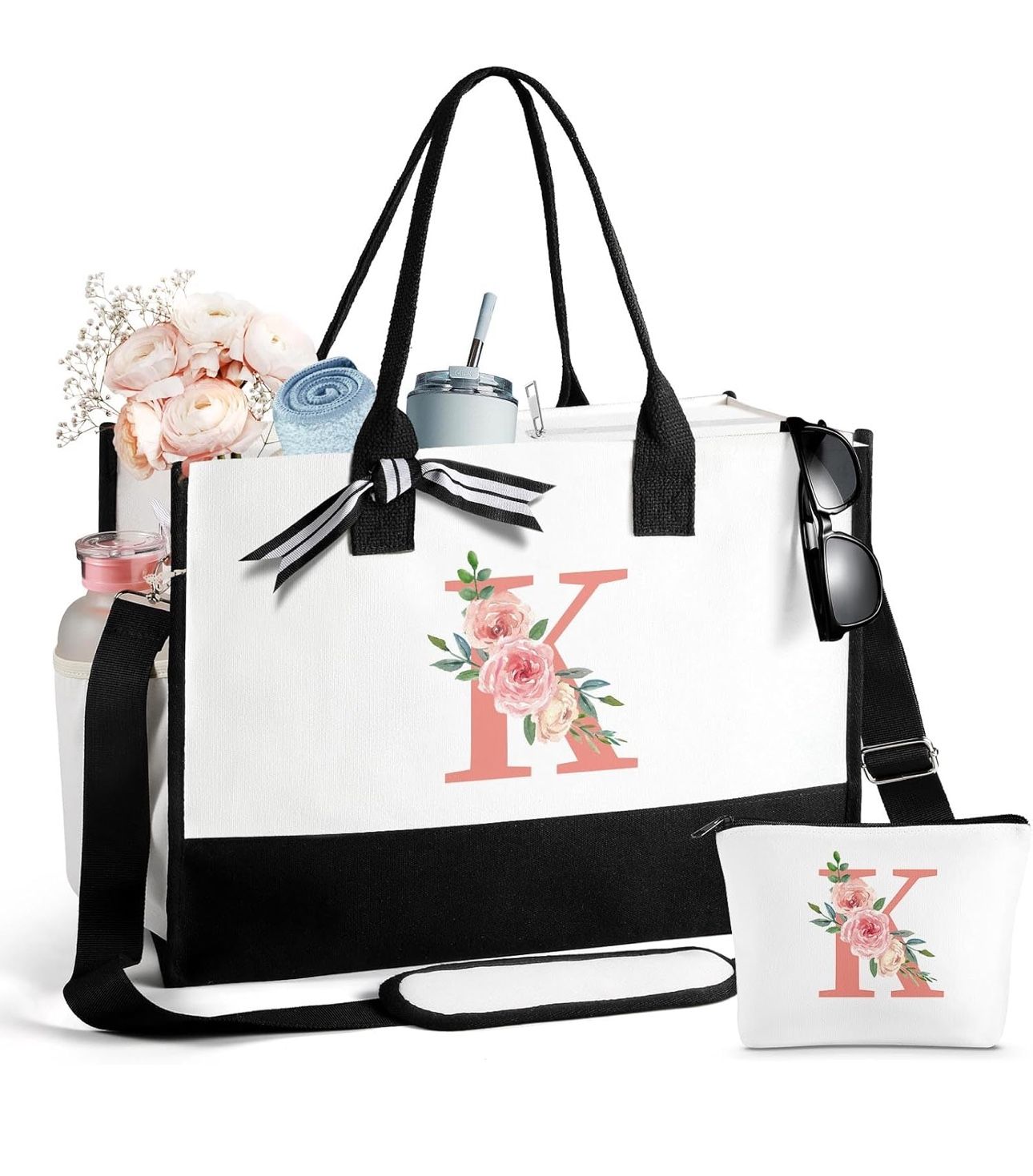 Gifts for Women Birthday Gifts for Women Large Initial Canvas Tote Bag Makeup Bag Beach Travel Shopping