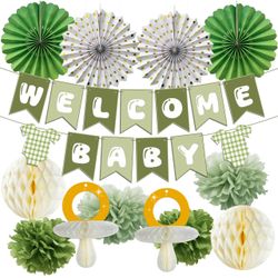 New Sage Green “Welcome Baby” Shower Decorations Set