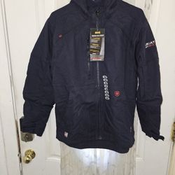 BRAND NEW WHITH TAGS ARIAT FR MEN'S DURALIGTH STRETCH CANVAS NAVY BLUE HOODIE JACKET SIZE SMALL 