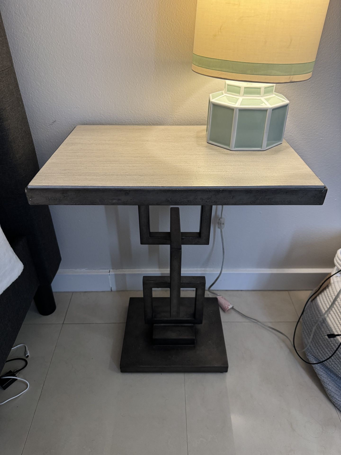Two Lexington Oyster Bay Deerwood Rectangular Side Tables with an antique pewter burnished metal base and an Oyster gray wood inset top. 