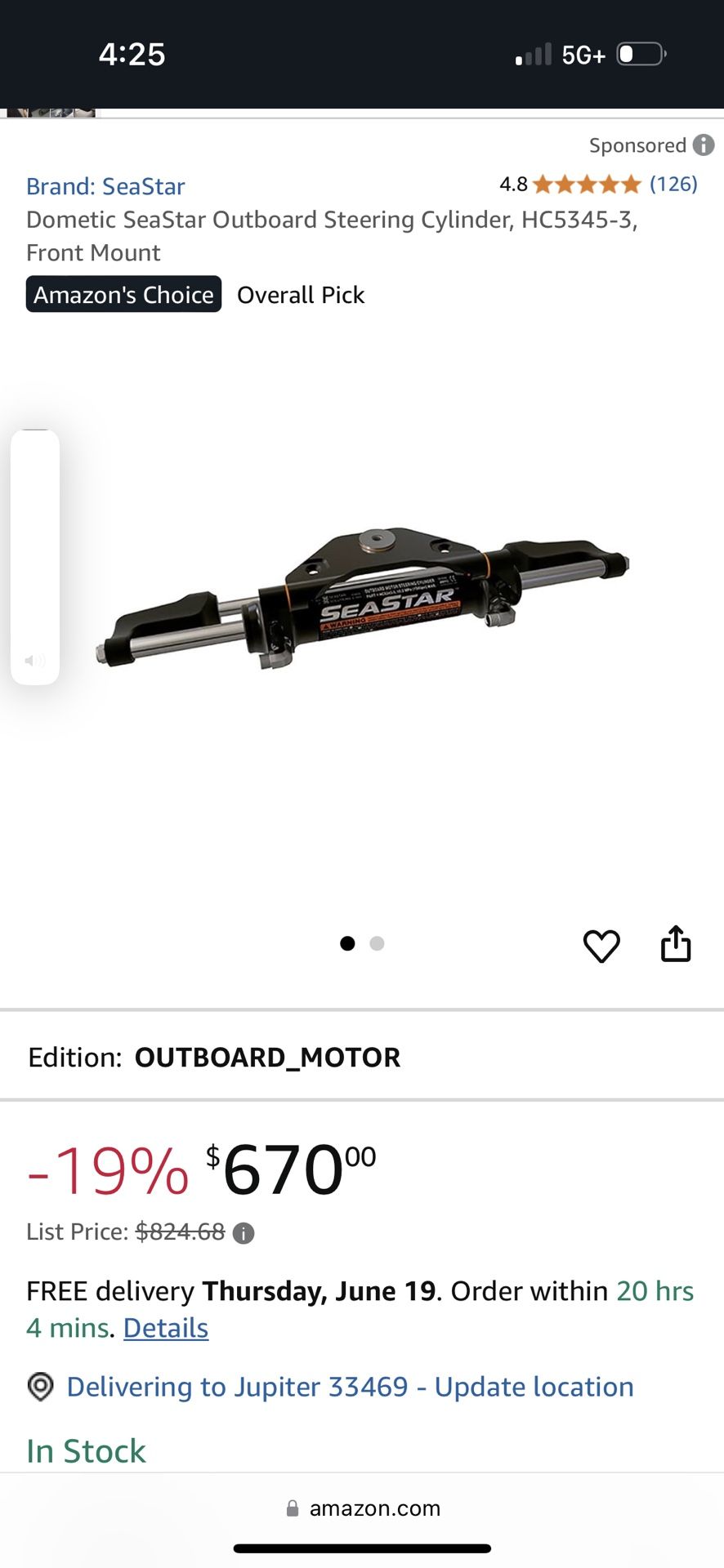 Sea start Steering Ram!! 2 Years Old Unit Reporting Boat And No Longer Need !!