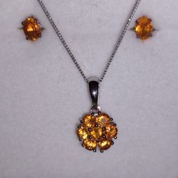 Orange Sapphire Necklace Set With Earrings Set In Silver.