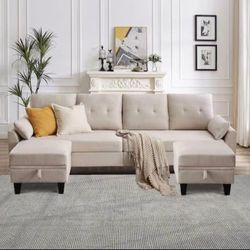 101 in. W Straight Arms 4-Seat U-Shaped Fabric Modern Sectional Sofa in Beige with Storage Ottoman