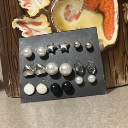 Set of Mixed Stud Earrings in Black, White, and Silver
