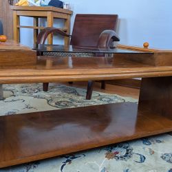 Vintage Mid‑Century Modern Coffee Table – Glass Center + Lift‑Off Storage Lids
