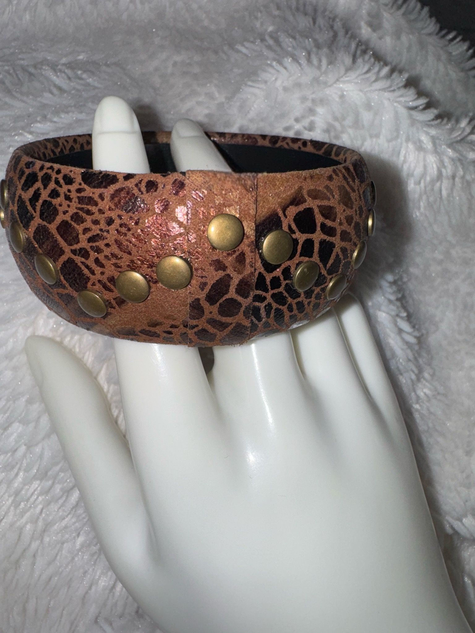 Vintage Leather Thick Bangle Bracelet with Studded Brass Rivets 
