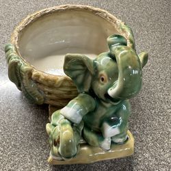 Lucky Elephant Ceramic Planter Mom & Baby Trunk Up