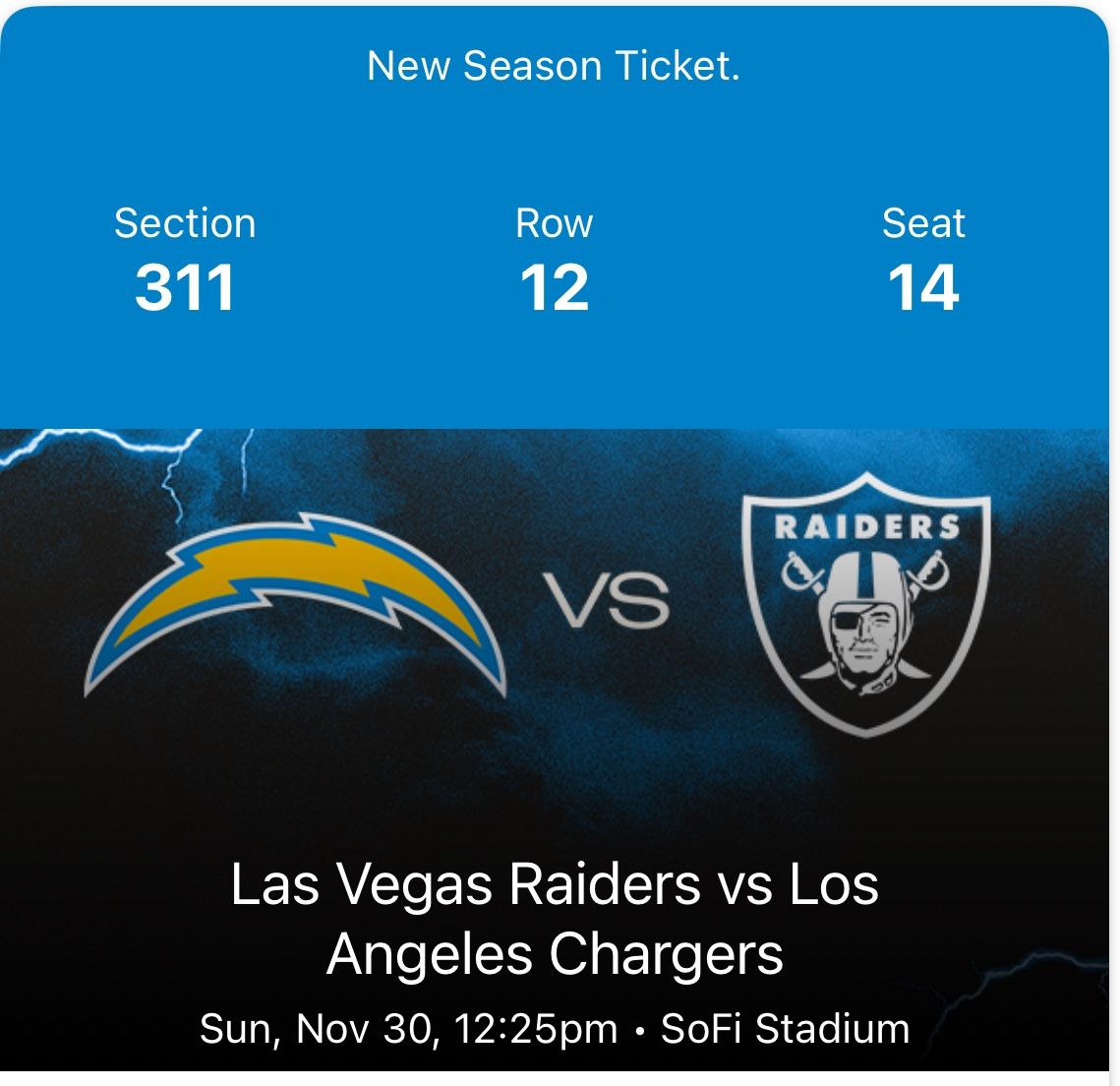 Raiders VS Chargers Sunday 11/30