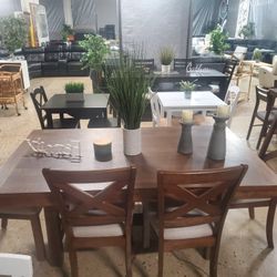 6 pc Solid brown wood dining table set with bench(New)