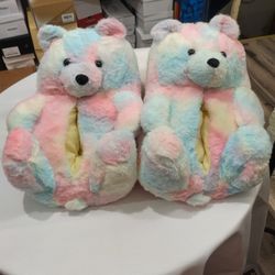 Women's Christmas Teddy Bear Slippers, Furry Indoor Winter Slippers with Cushion, Fluffy