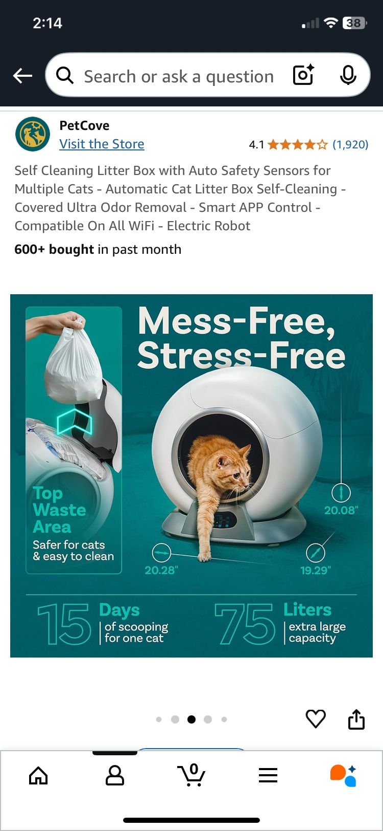 Self Cleaning Litter Box with Auto Safety Sensors for Multiple Cats