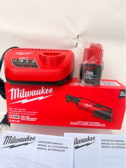 Milwaukee, m12 3/8 in. Ratchet, one m12 2.0Ah battery and one m12 charger