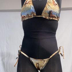 Equestrian Tan And Blue Rhinestone Horse Drawstring Thong Bikini Size Large/Extra Large