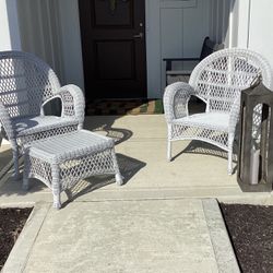 Two White Wicker, Arm Chairs, And Ottoman.