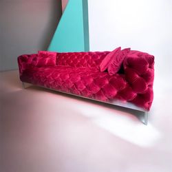 Carlo Perazzi Velvet Chesterfield Sofa - Deep Tufted Modern Fuchsia Magenta Pink, missed few buttons
