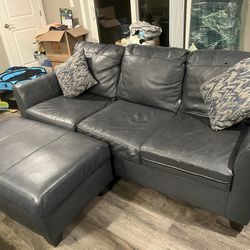 Blue/Grey Leather Couch/Sofa, Storage Ottoman, and Matching Pillows