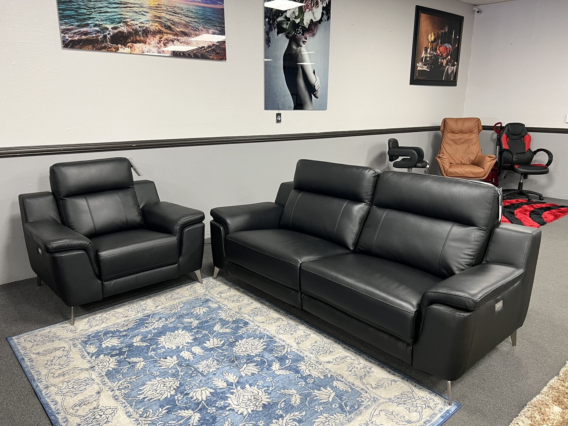 2PC Black Genuine Leather Sofa & Chair π₯SALEπ₯