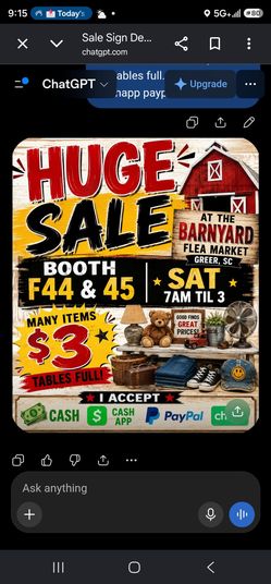 HUGE SALE Sat 7 til 3. $3 tables full of items and so much more. Barnyard flea market in greer.booth F44&45