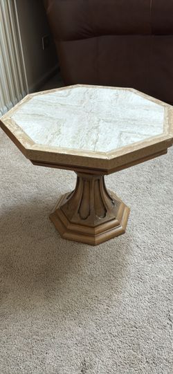 Vintage 1970s Octagonal Pedestal Side Table - Stone & Wood