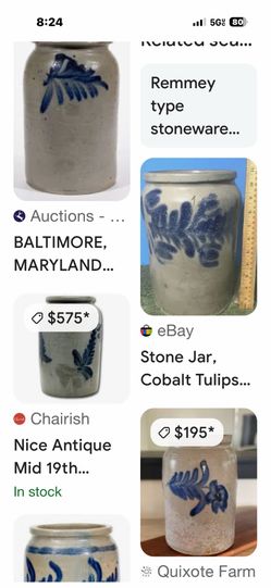 antique salt-glazed stoneware jar featuring a cobalt blue fern leaf design, often attributed to the Remmey family of Philadelphia or Baltimore.