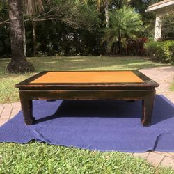 Mid Century Ming Dynasty Asian Style Coffee Table In Elm & Seagrass Rattan Top