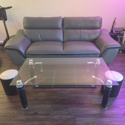 Real Leather Grey And Black Couch And Coffee Table
