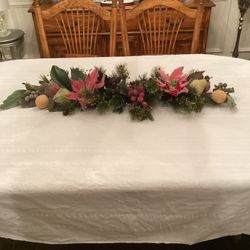 40”L x 13”W Faux Sugared Fruit Poinsettia Evergreen Table Centerpiece 