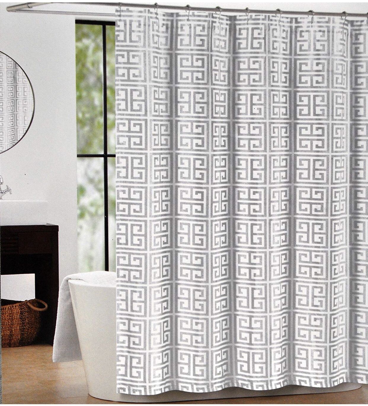 MAXSTUDIO Max Studio Shower Curtain Greek Key Silver and White Lattice 72-inch By 72-inch Geometric Shower Curtain